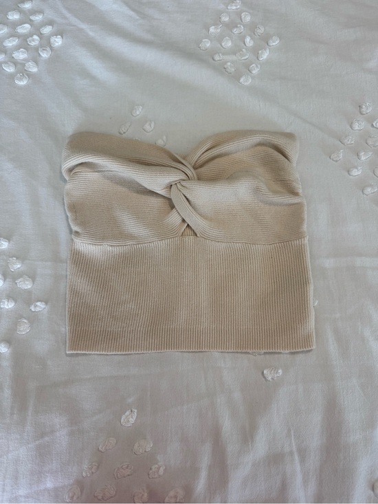 Amazon Tops - Amazon Beige Twist-Knot Ribbed Strapless Crop Top